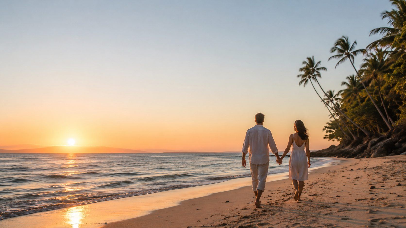 Couple walking along a beach at sunset